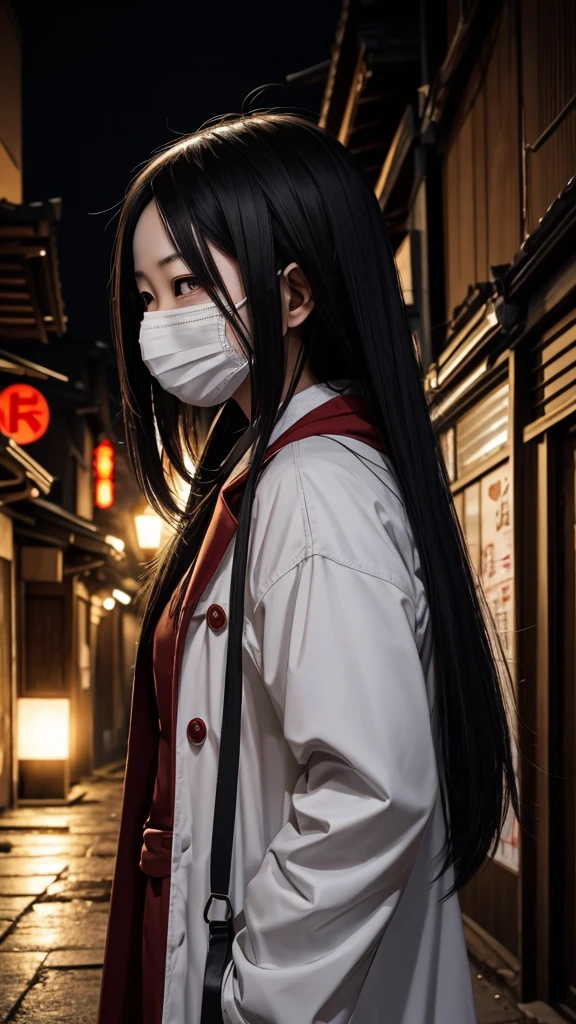Create a realistic image of Kuchisake-onna。She has long black hair、He is wearing a white mask、Beneath it is a terrifying expression with a split mouth.。The background depicts dimly lit street corners and back alleys.、It exudes an eerie atmosphere。She is wearing a red coat、He has a big pair of scissors in his hand。Please make the image realistic and give a sense of fear overall.。