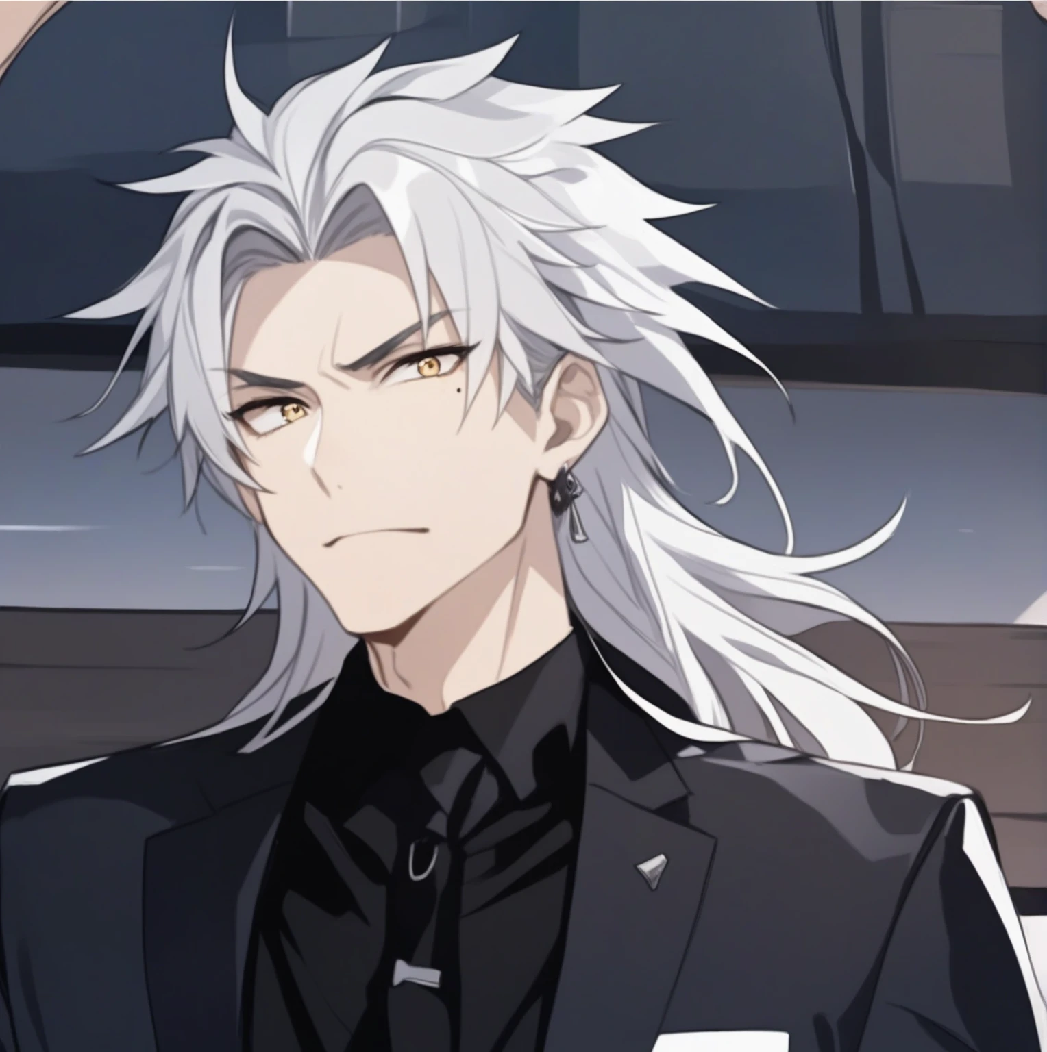 ((masterpiece)), Anime image of a man with white hair and wearing a black suit, He has dark grey hair, Golden Eyes, Sharp eyes, Anime Handsome Man, Silver-haired madman, Mischievous grin, ((Mole under left eye)), Earring in the left ear, ((Wild and sexy man)), Super detailed