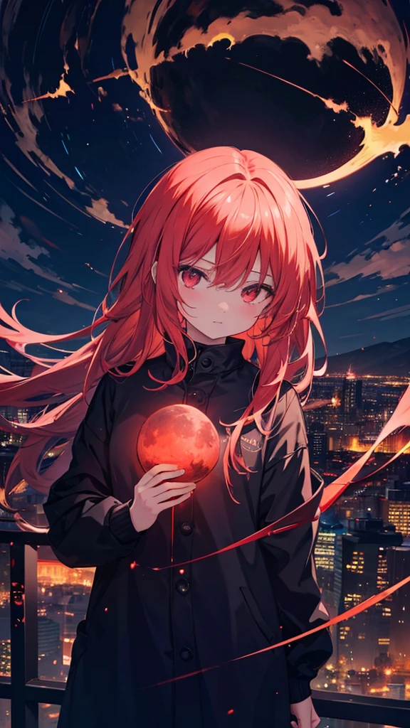 Dark night above the city, Red Moon, Red Moon with energy flow, Energy Trends, A Bad Premonition, scenery, I don't want humans, There is a flow of energy, Very realistic, 4K, Chiaroscuro, Ultra HD waiting to start