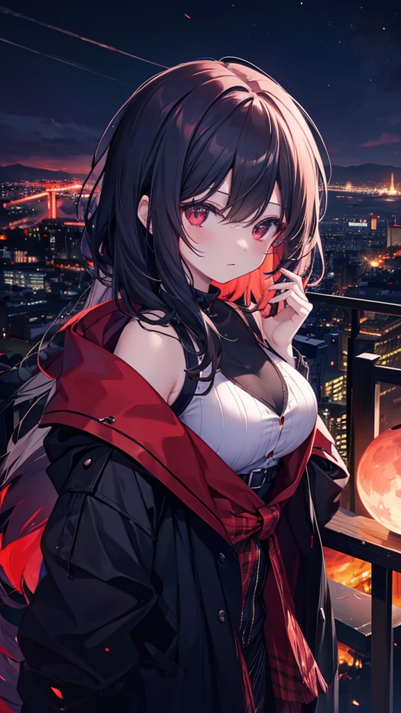 Dark night above the city, Red Moon, Red Moon with energy flow, Energy Trends, A Bad Premonition, scenery, I don't want humans, There is a flow of energy, Very realistic, 4K, Chiaroscuro, Ultra HD waiting to start