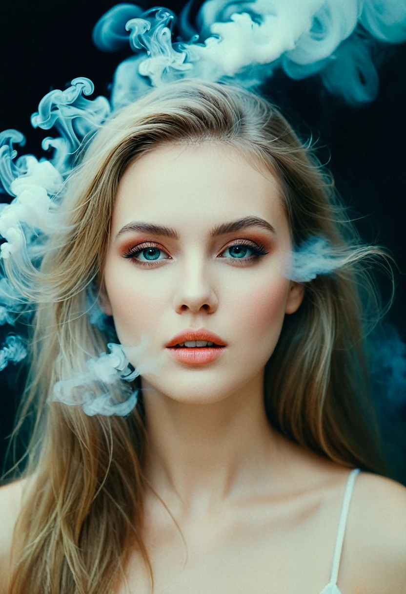 "memories are the water of life" (Misterious mood Soft Lighting Photography), stunning medium format analog photo, TWbabeXL01 beautiful (woman), A beautiful ((evil slavic woman)), pale skin, long dark blond hair, portrait of a woman covered in cloud of smoke, whirlwind, coral highlight colors, coral make-up, hints of pastel, misty, seductive, sultry, breathtaking, oil painting style, artistic, aesthetic modern art, hyper-realism, OverallDetailXL
