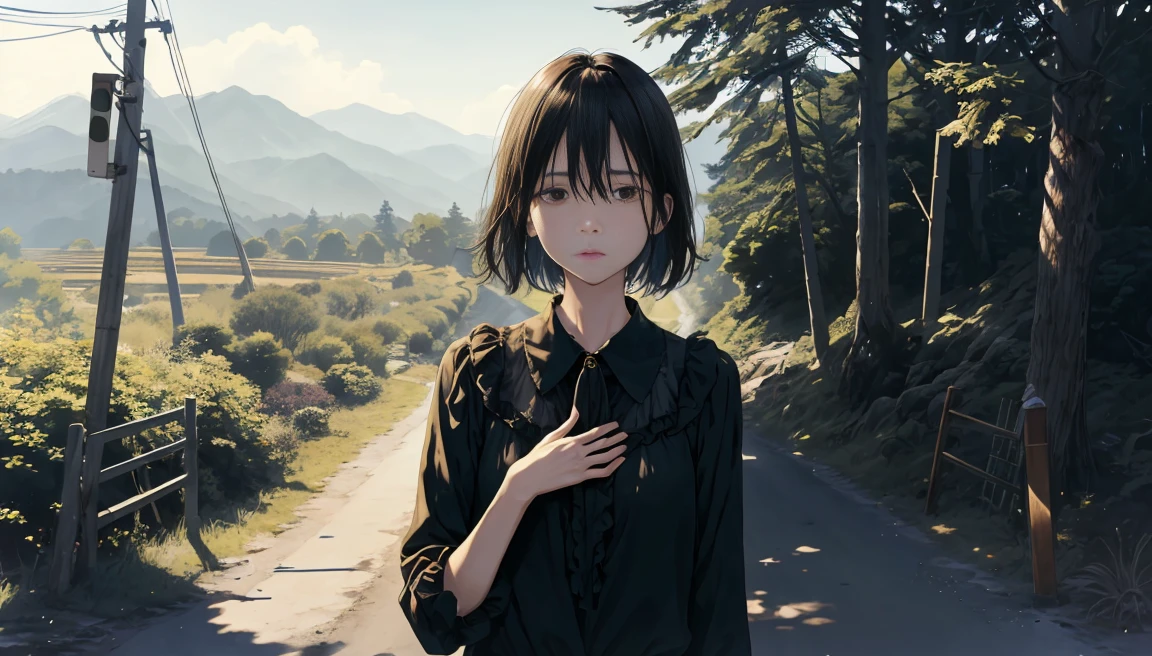 alone,Temporarily stop, whole body, blouse,Please place your hand on your chest、Holding a handgun、Dim mountain road、