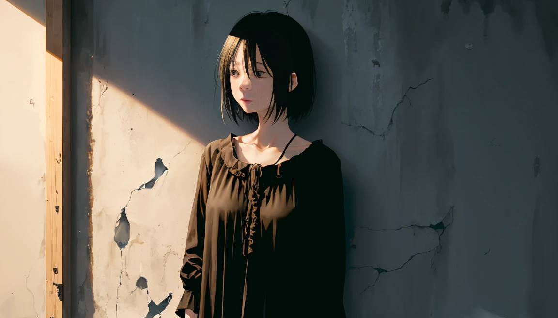 alone,Temporarily stop, whole body, blouse,Please place your hand on your chest、Holding a handgun、Dim mountain road、
