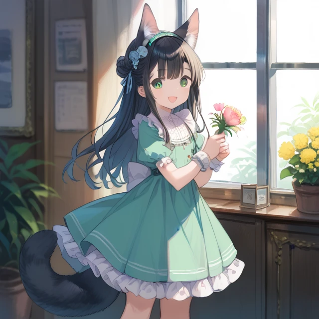One girl, :d, Animal earsの毛, Animal ears, bangs, black hair band, Blonde, Blurred, Blurred background, Depth of written boundary, dress, flower, flower pot, frilled dress, Frills, green dress, Green Eyes, hair band, Holding, Long Hair, Open your mouth, pink flower, plant, potted plant, sketch, No sleeve, No sleeve dress, smile, alone, tail, Wrist cuff, yellow flower, 1980s (style)