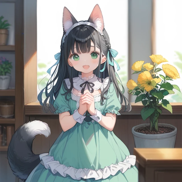 One girl, :d, Animal earsの毛, Animal ears, bangs, black hair band, Blonde, Blurred, Blurred background, Depth of written boundary, dress, flower, flower pot, frilled dress, Frills, green dress, Green Eyes, hair band, Holding, Long Hair, Open your mouth, pink flower, plant, potted plant, sketch, No sleeve, No sleeve dress, smile, alone, tail, Wrist cuff, yellow flower, 1980s (style)
