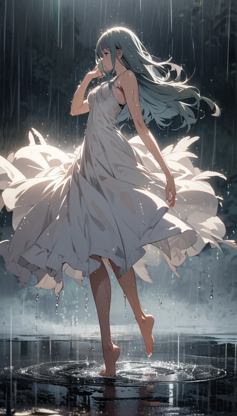 Long-haired girl dancing swan dance in the rain，Wet，Barefoot，High Leg Raise，Full body portrait，High Saturation，CG Art， Makoto Shinkai&#39;s photo, pure, Concept Art, Lofi Art style，Shinkai Makoto animation art style, Lofi Art, Beautiful anime scene, Anime Landscape, Detailed scenery, Makoto Shinkai&#39;s style, Makoto Shinkai&#39;s style, Enhance Details