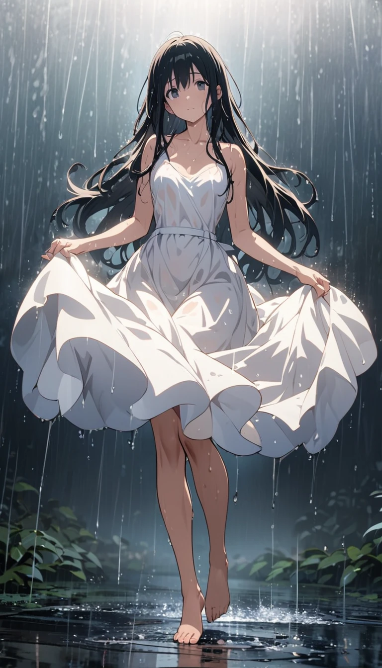 Long-haired girl dancing swan dance in the rain，Wet，Barefoot，High Leg Raise，Full body portrait，High Saturation，CG Art， Makoto Shinkai&#39;s photo, pure, Concept Art, Lofi Art style，Shinkai Makoto animation art style, Lofi Art, Beautiful anime scene, Anime Landscape, Detailed scenery, Makoto Shinkai&#39;s style, Makoto Shinkai&#39;s style, Enhance Details