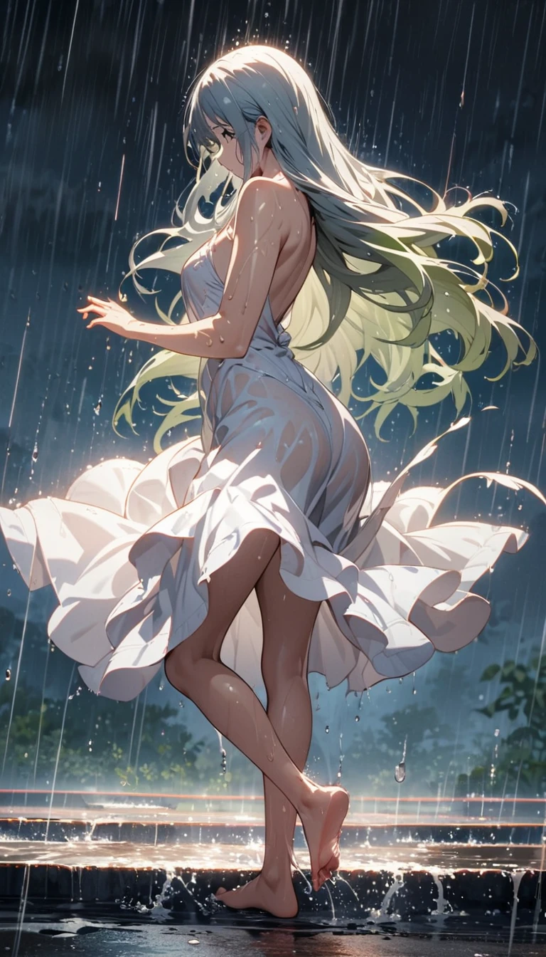 Long-haired girl dancing swan dance in the rain,Wet,Barefoot,Full body portrait,High Saturation,CG Art, Makoto Shinkai's photo, pure, Concept Art, Lofi Art style,Shinkai Makoto animation art style, Lofi Art, Beautiful anime scene, Anime Landscape, Detailed scenery, Makoto Shinkai's style, Makoto Shinkai's style, Enhance Details