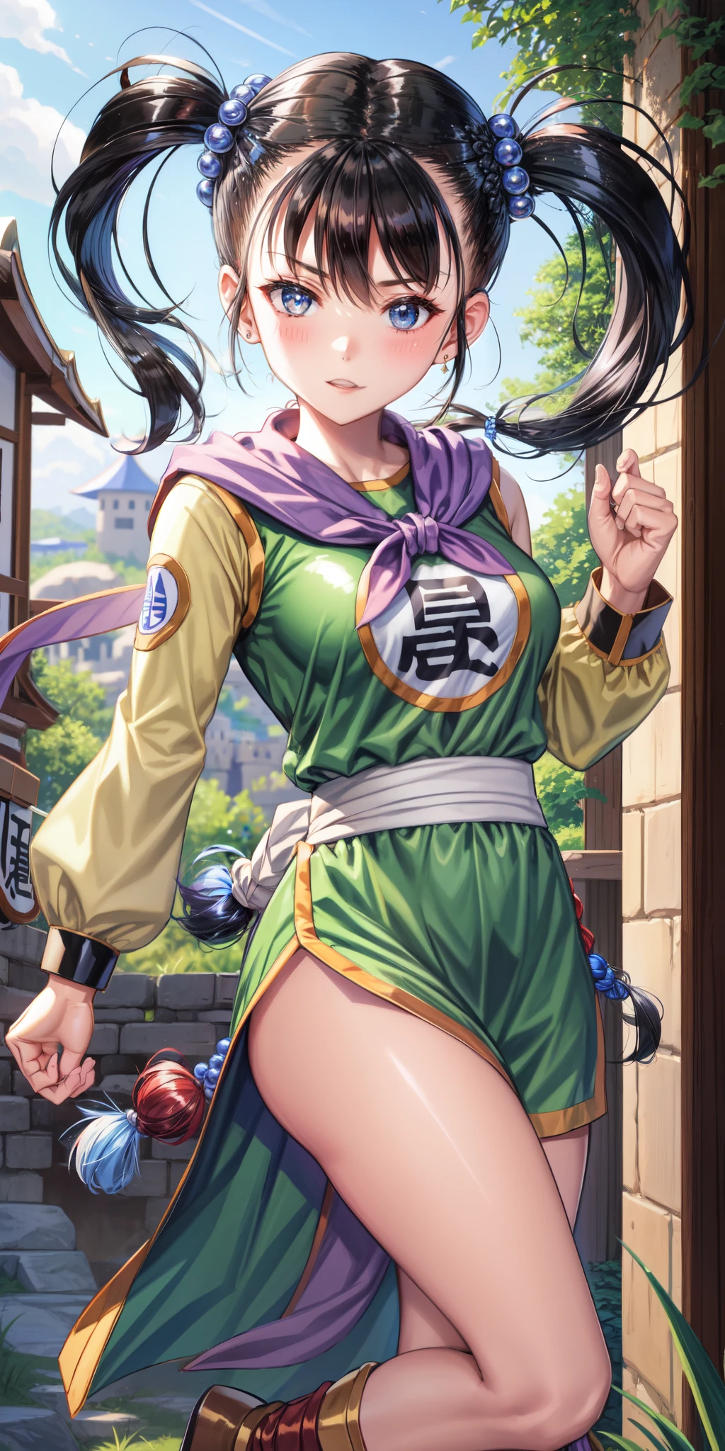 masterpiece, best quality, 4k, 8k, fighter (dq3), 1girl, solo, long hair, twintails, looking at viewer, black hair, hair ornament, long sleeves, dress, medium breasts, closed mouth, cowboy shot, black eyes, chinese clothes, hair bobbles, clenched hand, Punching, Boxing Jab, Feet Apart, Ancient Castle