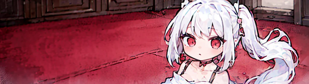 (((1girl:1.5))), white hair, red eyes, long hair, (collarbone:1.4), (2d, chibi, cute, cute, small , big eyes), skin color white, think about something, background/(in the room , pink girl's room, bed, soft lighting)