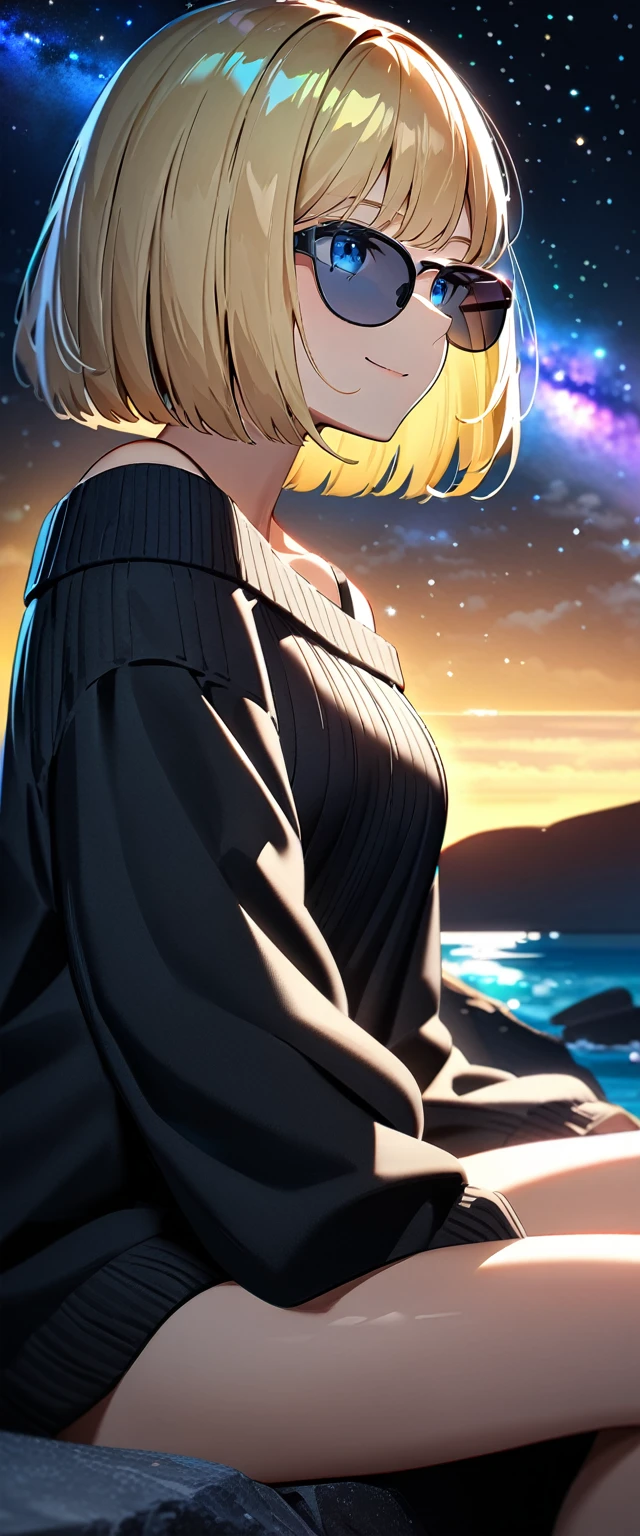 (((a beautiful starry sky, the Milky Way shining beautifully in the night))), ((bare legs)), (((sunglasses, hand to sunglasses))), ((Aran sweater)), ((((from side)))), upper body, ((sitting on the very high cliff)), wavy hair, inward curled hair, sea, beach, ((blond hair, bob cut:1.3)), breasts, ager, (looking at another), oversized clothes, puffy long sleeves, ((off-shoulder sweater:1.3, Quite thick shoulder straps)), ((black sweater)), collarbone, head tilt:1.3, (((blue eyes))), happy smile, (((anime style))), (best quality, 4K, 8K, highres, masterpiece:1.2, ultra-detailed, ultra-detailed eyes, HDR, uhd, studio lighting, ultra-fine painting, sharp focus, physically-based rendering, extreme detail description, professional, vivid colors, bokeh)