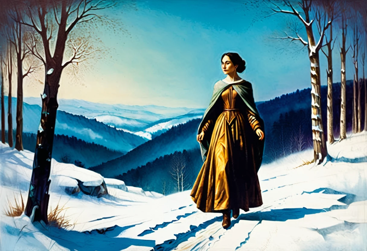 painting of a woman in dress walking through a snowy forest, persian folktale artstyle, inspired by Ruth Sanderson,whimsical fabulous landscape art, winter scene fantasy, stylized digital illustration, a beautiful artwork illustration, dreamlike digital painting, persian folklore illustration, digital fantasy illustration, painting of a dreamscape, dreamy illustration, allegory of winter, OverallDetailXL, in the style of nicola samori