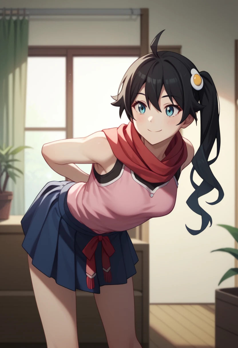 One girl, alone,  View your viewers, araragikaren,Long Hair, Black Hair,Pink sleeveless, blue skirt, skirt, Medium chest, Ahoge, Side Ponytail, Asymmetrical Hair, egg hair ornament, Red scarf, 
internal, living room, Cowboy Shot, smile, (Put your hands behind your back, Leaning forward),Shirt lift(Up to the chest),skirtリフト,
