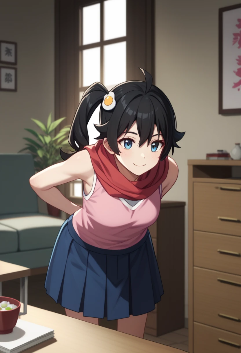 One girl, alone,  View your viewers, araragikaren,Long Hair, Black Hair,Pink sleeveless, blue skirt, skirt, Medium chest, Ahoge, Side Ponytail, Asymmetrical Hair, egg hair ornament, Red scarf, 
internal, living room, Cowboy Shot, smile, (Put your hands behind your back, Leaning forward),Shirt lift(Up to the chest),skirtリフト,
