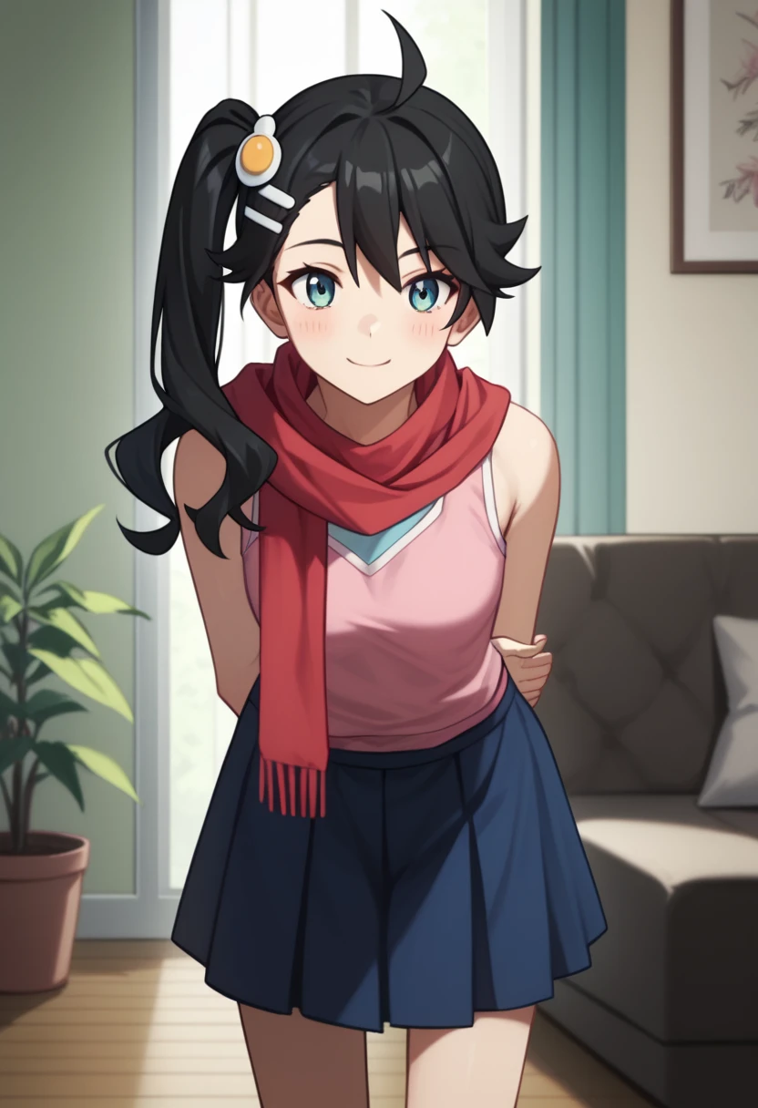 One girl, alone,  View your viewers, araragikaren,Long Hair, Black Hair,Pink sleeveless, blue skirt, skirt, Medium chest, Ahoge, Side Ponytail, Asymmetrical Hair, egg hair ornament, Red scarf, 
internal, living room, Cowboy Shot, smile, (Put your hands behind your back, Leaning forward),Shirt lift(Up to the chest),skirtリフト,
