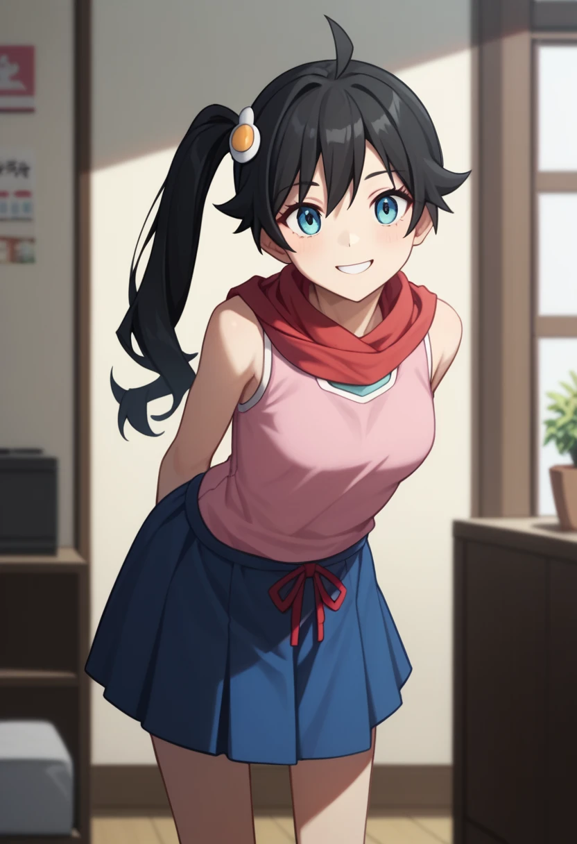 One girl, alone,  View your viewers, araragikaren,Long Hair, Black Hair,Pink sleeveless, blue skirt, skirt, Medium chest, Ahoge, Side Ponytail, Asymmetrical Hair, egg hair ornament, Red scarf, 
internal, living room, Cowboy Shot, smile, (Put your hands behind your back, Leaning forward),Shirt lift(Up to the chest),skirtリフト,
