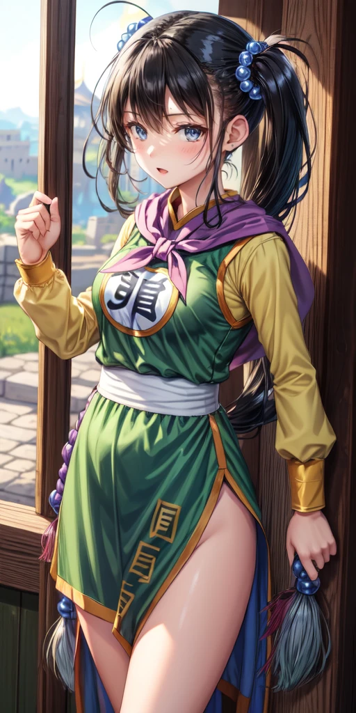 masterpiece, best quality, 4k, 8k, fighter (dq3), 1girl, solo, long hair, twintails, looking at viewer, black hair, hair ornament, long sleeves, dress, medium breasts, closed mouth, cowboy shot, black eyes, chinese clothes, hair bobbles, clenched hand, Punching, Boxing Jab, Feet Apart, Ancient Castle