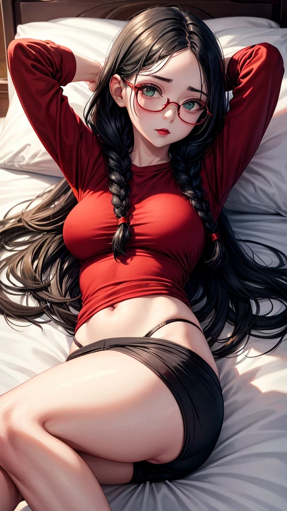 1 girl, god, Medium breasts, black hair, green eyes, braids, round glasses, loose dark red T-shirt, tight black thong, White skin, Red cheeks, painted lips, on the bed, 