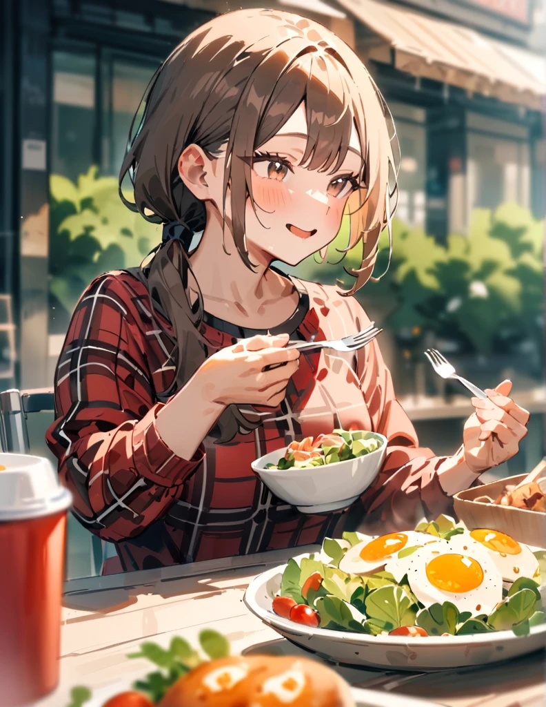 Masterpiece, best quality, very beautiful, high resolution, newest, 1 girl, solo, low ponytail, brown eyes, brown hair, tartan plaid shirt, long sleeves, little smile, holding, upper body, outdoors, slightly open lips, food, daytime, blurry, from the front, salad, bowl, depth of field, blurry background, sunlight, eating salad, looking delicious, breakfast, holding a fork.