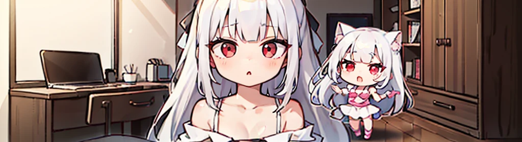 (((1girl:1.5))), white hair, red eyes, long hair, (collarbone:1.4), (2d, chibi, cute, cute, small , big eyes), skin color white, think about something, background/(in the room , pink girl's room, bed, soft lighting)