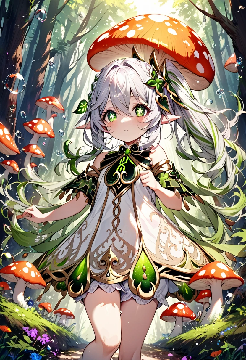Nahida (masterpiece), (Highest quality), (Super detailed),(Disheveled Hair),(figure), (One girl), Beautiful fine details,Delicate and beautiful face,floating,(High saturation),(Colorful splashes),Colorful Bubbles,(The Shining),Focus on the face, Walking through a forest lush with colorful mushrooms