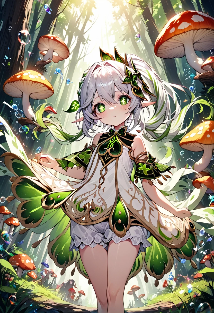 Nahida (masterpiece), (Highest quality), (Super detailed),(Disheveled Hair),(figure), (One girl), Beautiful fine details,Delicate and beautiful face,floating,(High saturation),(Colorful splashes),Colorful Bubbles,(The Shining),Focus on the face, Walking through a forest lush with colorful mushrooms
