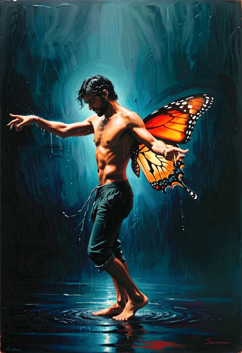 1 man dancing in the rain, soul dancer, barefoot, loose tattered clothes, (((dancing on tiptoes, 1 erfly on fingertips))), captivating, splashing water, chiaroscuro, minimalist, atmospheric, iron chain background