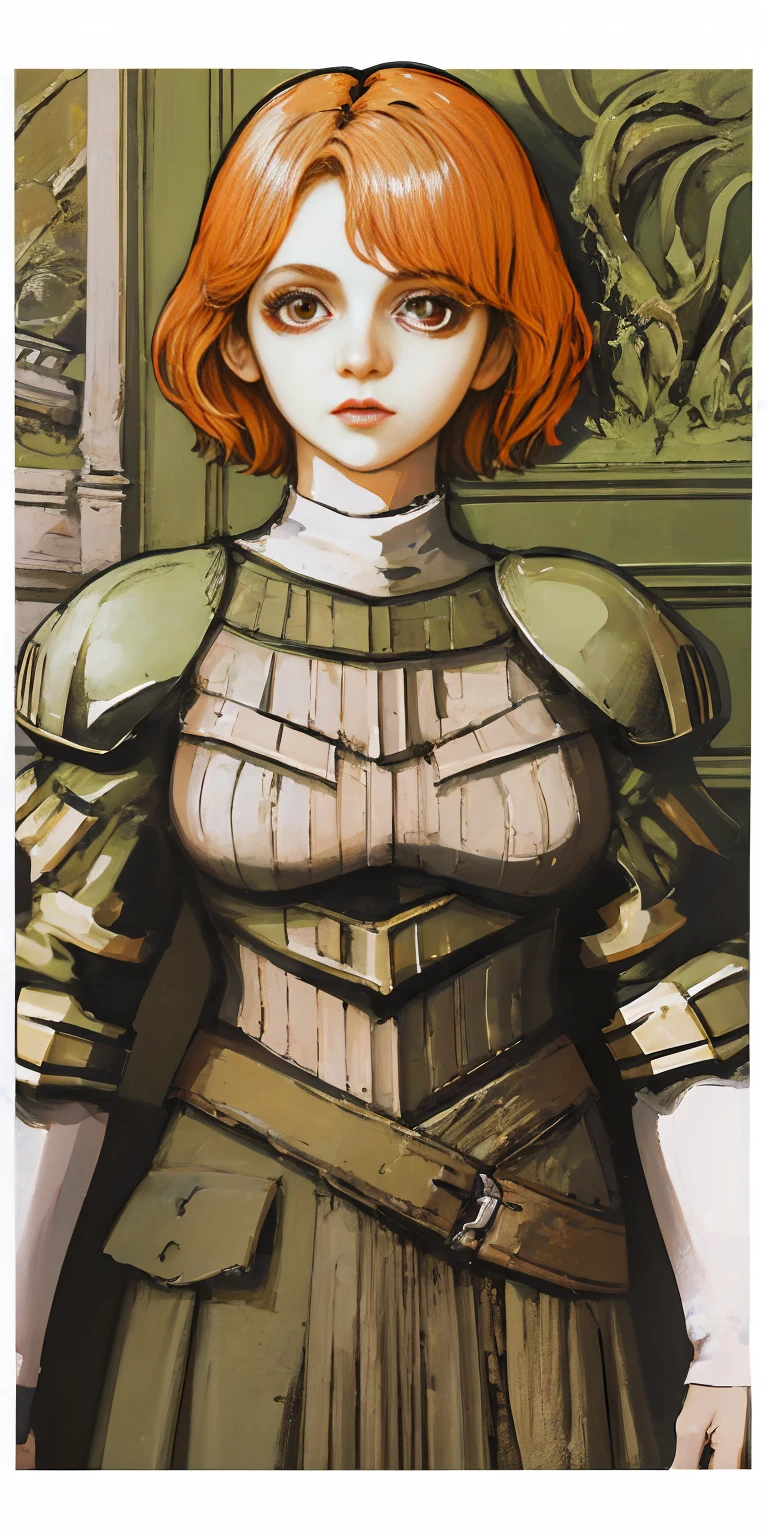 funger, very detailed illustration, 1girl, big breasts, highres, high quality, masterpiece, looking at viewer, (knight), orange hair, absurdres, ultra-detailed, short hair