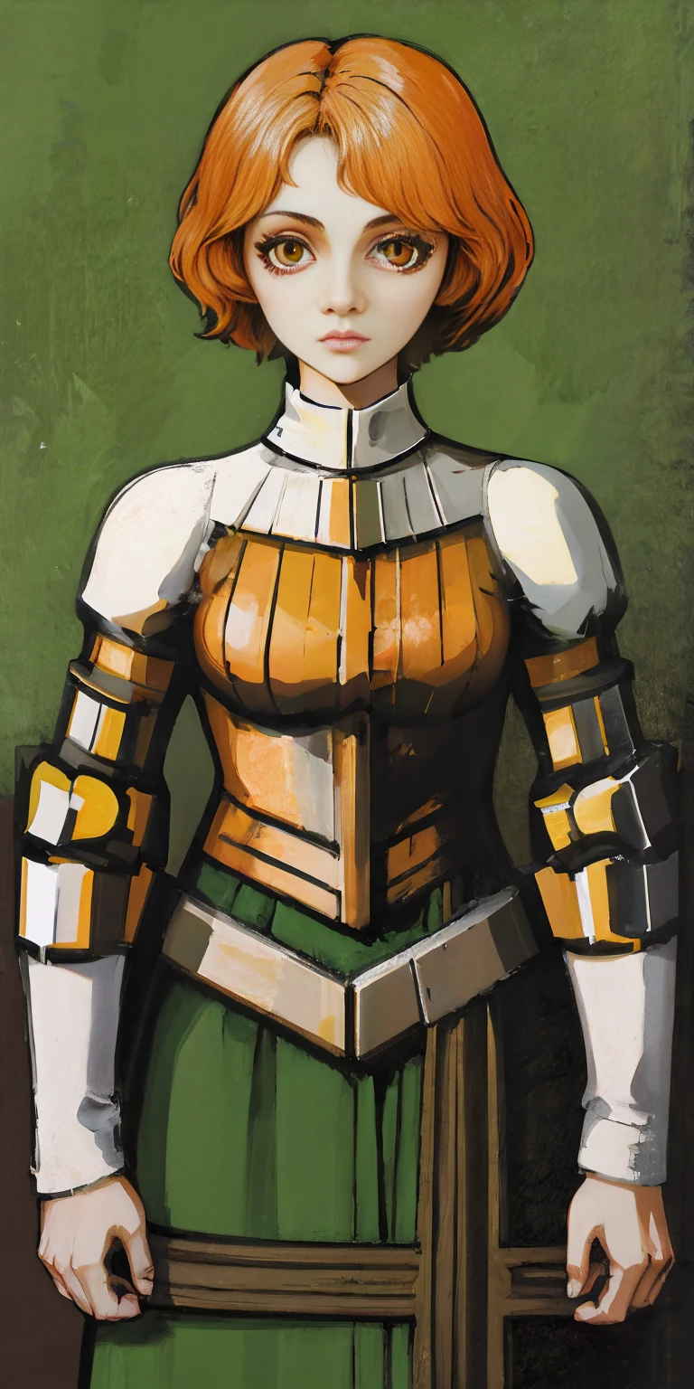 funger, very detailed illustration, 1girl, big breasts, highres, high quality, masterpiece, looking at viewer, (knight), orange hair, absurdres, ultra-detailed, short hair