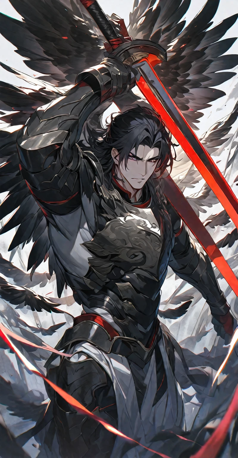 Best quality, one, beautiful, 1 man, tall man, with a sporty body, V-shaped body, wide shoulders, black detailed armour with bright white details, 10 black feathered wings, long hair, black hair covered with dirt and charcoal, neon white pupils (white eyes), the man has a huge sword in his hand, in the combat position "List of Kamae Stances", against the background of black miasma with shades of red