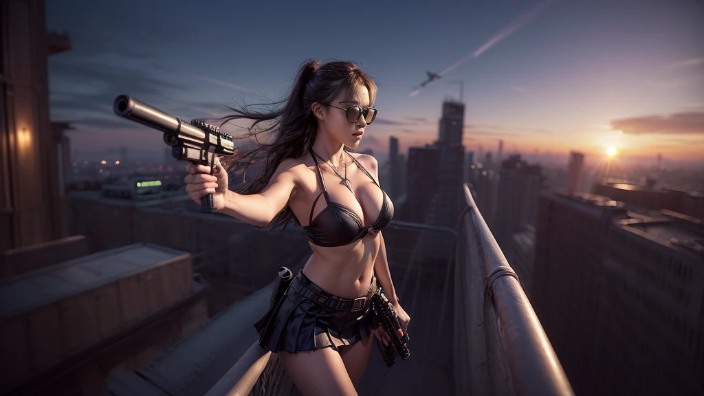 (((At night, ((very dark sunset sky)), (((1girl, solo))), a western woman, photo realistic, large-breast:1.2 slim body, cleavage, off tube top, short pleated miniskirt, standing on rooftop, (matrix style black sunglasses), (((aiming towards viewer with a short:0.8 gun))), half-body thigh level medium:1.2 shot))). In the background, simple aerial view of a sci-fi futuristic city, (((flying vehicle speeding towards viewer))).