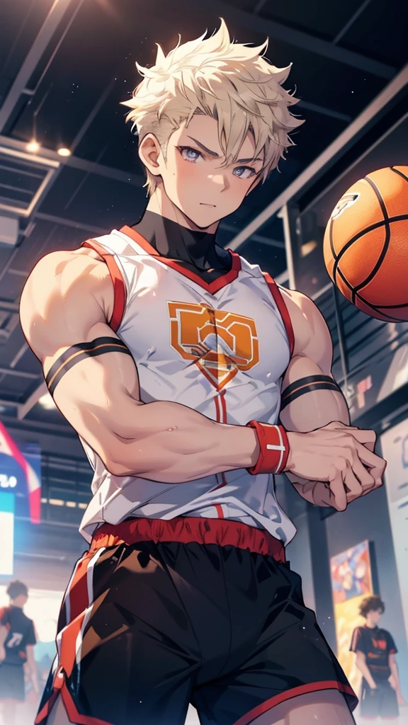 masterpiece, Anime CG, boy, White spiked short hair, Tan Skin, muscle, sports boy, Wearing a basketball uniform, Smooth texture, Silk texture , Golden Eyes, Perfect Eyes  