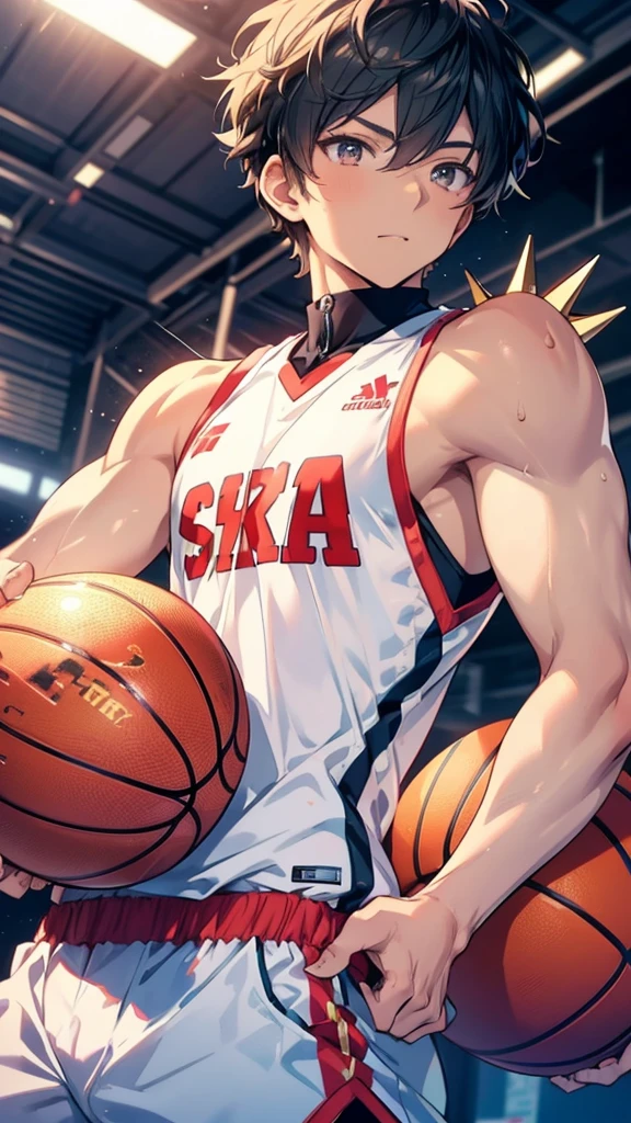 masterpiece, Anime CG, boy, White spiked short hair, Tan Skin, muscle, sports boy, Wearing a basketball uniform, Smooth texture, Silk texture , Golden Eyes, Perfect Eyes