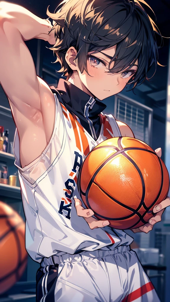 masterpiece, Anime CG, boy, White spiked short hair, Tan Skin, muscle, sports boy, Wearing a basketball uniform, Smooth texture, Silk texture , Golden Eyes, Perfect Eyes  
