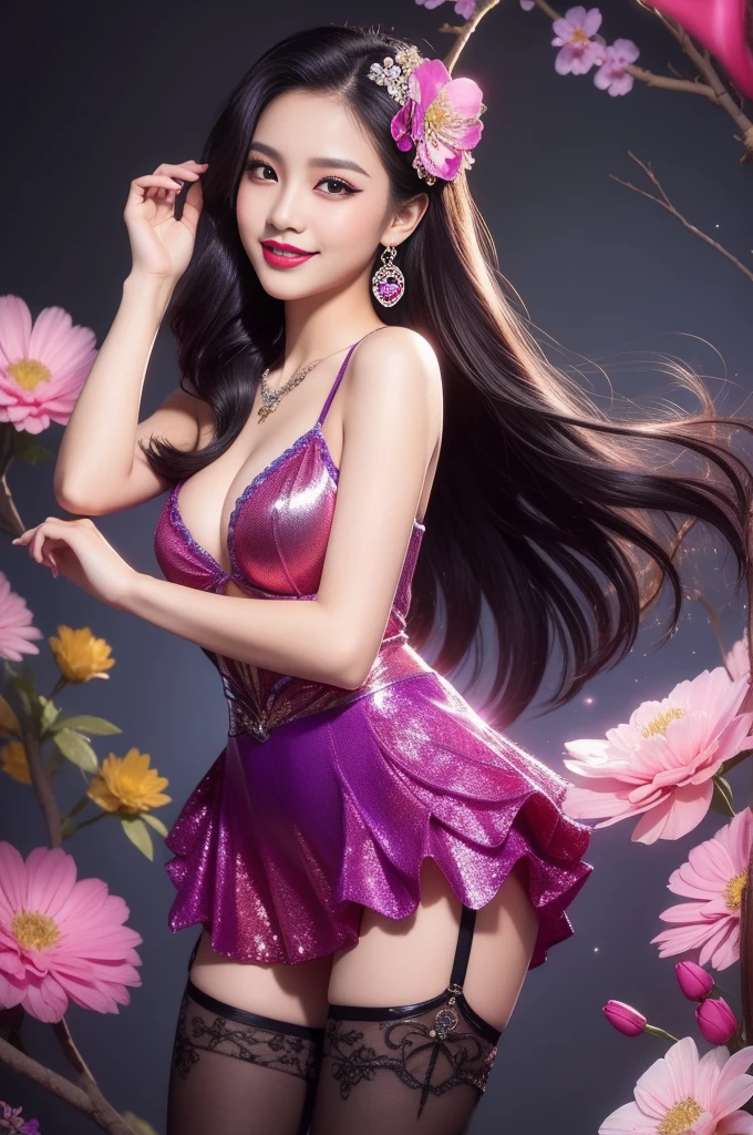 sexy Thai model who controls poison、beautiful smile、lipgloss、bold lipstick、intense makeup、look at the camera、full body Esbian、、sparkling poisoned flower costume、、、、sparkling Colorful hair、secrete poison、skull hair accessories、sexy tights、shiny sparkling flowers background