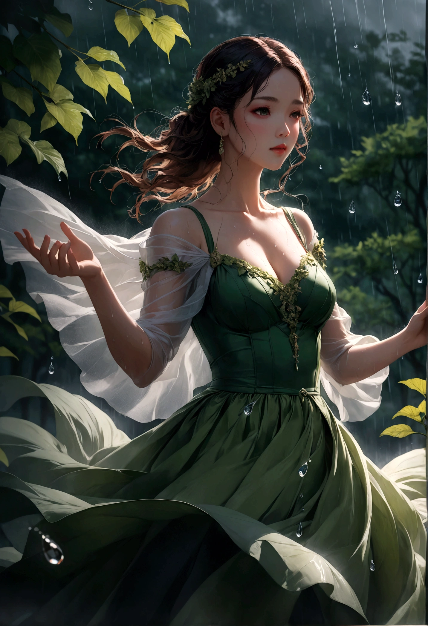 1girl, Dancing in the Rain, A woman dancing in the rain, elegant and graceful, raindrops sparkling on her skin, long flowing dress billowing in the wind, serene expression, peaceful atmosphere, natural lighting, lush green foliage in the background, moody and atmospheric, ethereal and dreamlike, cinematic composition, high-quality detailed rendering, 8k, hyper-detailed, masterpiece, best quality, very aesthetic, absurdres