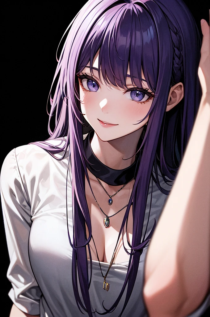 masterpiece,One girl,alone, A light smile, Metal Necklace, White shirt, Modern , accessories, Purple and black two-tone hair color, Unique Hairstyles, stylish, Black background