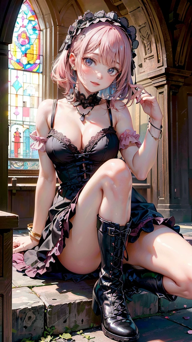 (Masterpiece, BestQuality:1.3), (ultra detailed:1.2), (hyperrealistic:1.3), (RAW photo:1.2), High detail RAW color photo, professional photograph, (Photorealistic:1.4), (realistic:1.4), (Pink Hair:1.5), professional lighting, perfect anatomy, (Big Breasts:1.2), (blush, detailed face), (cheerful Smile:1.5), Trending Hair&Trending Hairカラーをランダムに, earrings, necklace, bracelet, sexly, erotic sexly, Random sexy gravure poses, (Beautiful cosplayer wearing a pink and black gothic ta dress、With a mysterious smile in an old church、Holding a black rose。Lace headdress on head、On his feet he wears black boots。: 1.3)