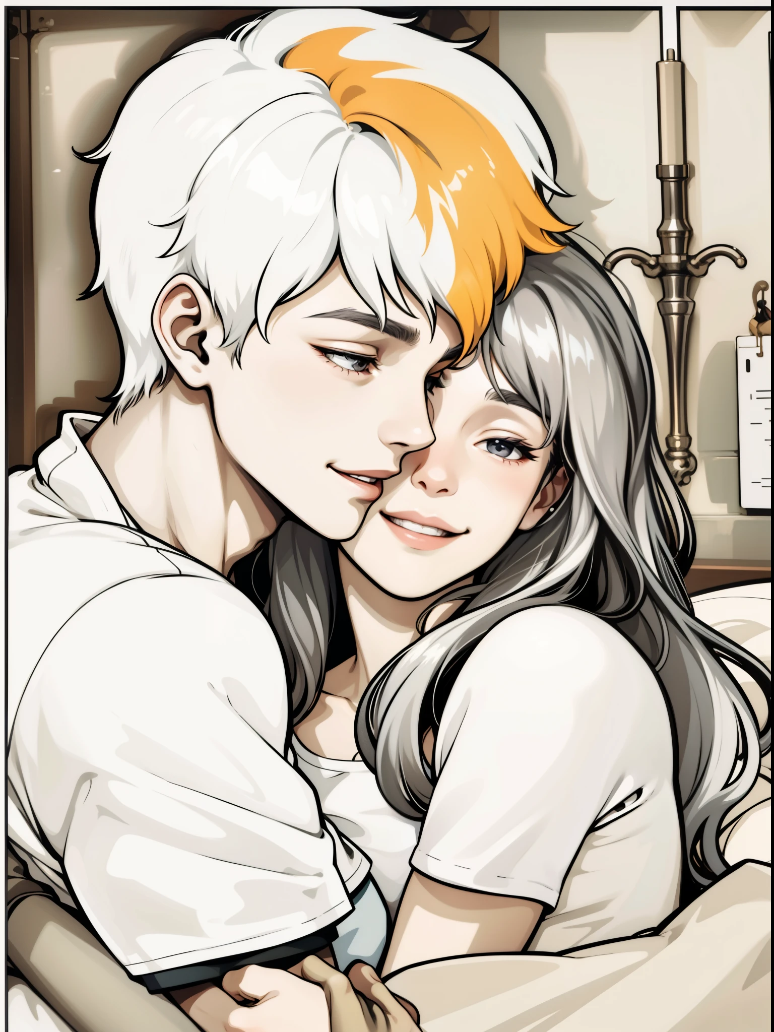 young man with gray hair and a girl who is his girlfriend, they are hugging and greeting each other, they are happy, smiling