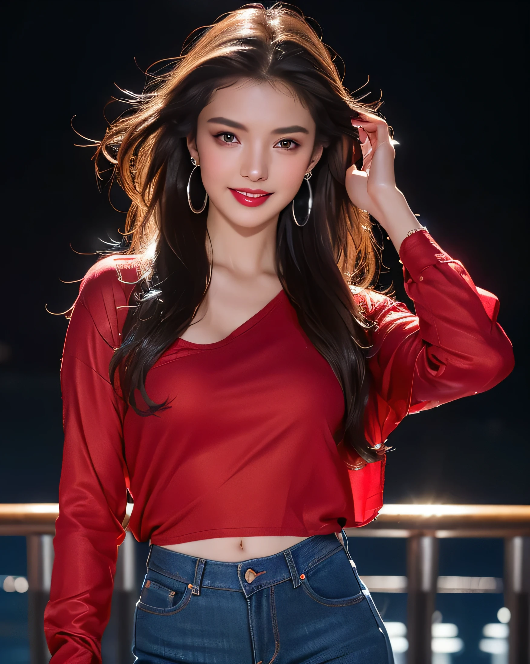 Ultra HD resolution,artistic photos,Professional erotic Photography,Dark LED Background ((21 year very sexy girl, earrings, long brunette wet hair, cold ultra realistic damp skin, wearing a red shirt and jeans)), walking on the deck of a very luxury cruise ship, raining, smiling at viewer, natural red lips, attention to detail, captivating eyes.