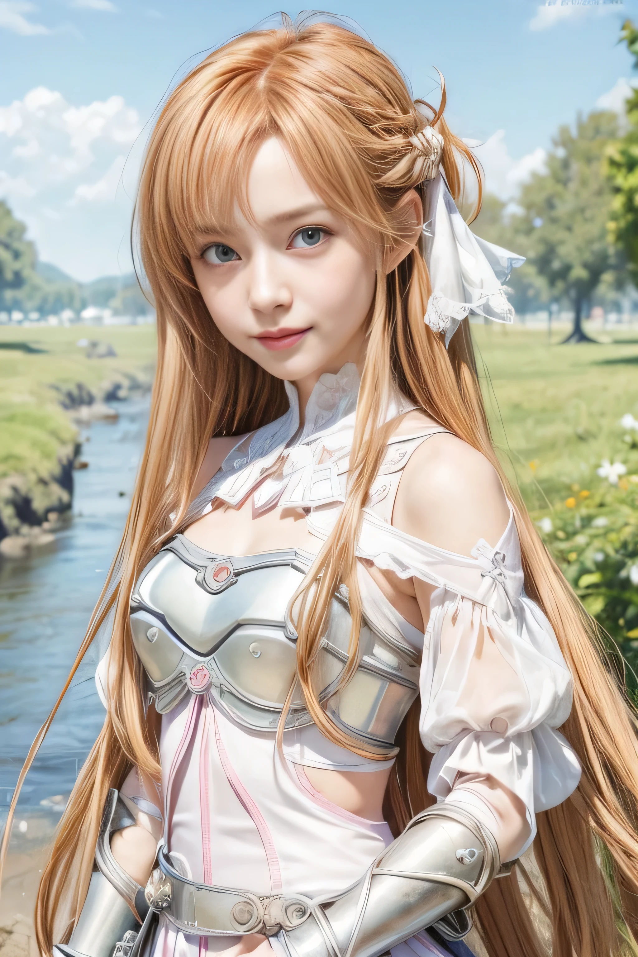 masterpiece, best quality, (realistic,photo-realistic:1.4), (RAW photo:1.2), extremely detailed CG unity 8k wallpaper, delicate and beautiful, amazing,finely detail, official art, absurdres, incredibly absurdres, huge filesize, ultra-detailed,extremely detailed eyes and face,light on face,(little smile),yuuki asuna,(caramel hair:1.4),(wearing armored white dress:1.4),(long hair:1.4),(hair ornament:1.4),(gaeden:1.4)