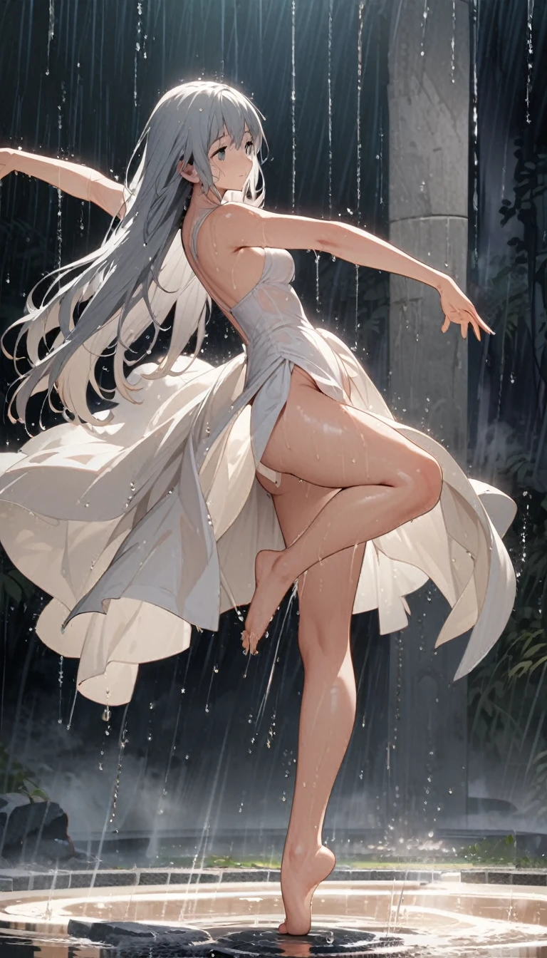 Long-haired girl dancing swan dance in the rain，Wet，Barefoot，High Leg Raise，Full body portrait，High Saturation，CG Art， Makoto Shinkai&#39;s photo, pure, Concept Art, Lofi Art style，Shinkai Makoto animation art style, Lofi Art, Beautiful anime scene, Anime Landscape, Detailed scenery, Makoto Shinkai&#39;s style, Makoto Shinkai&#39;s style, Enhance Details