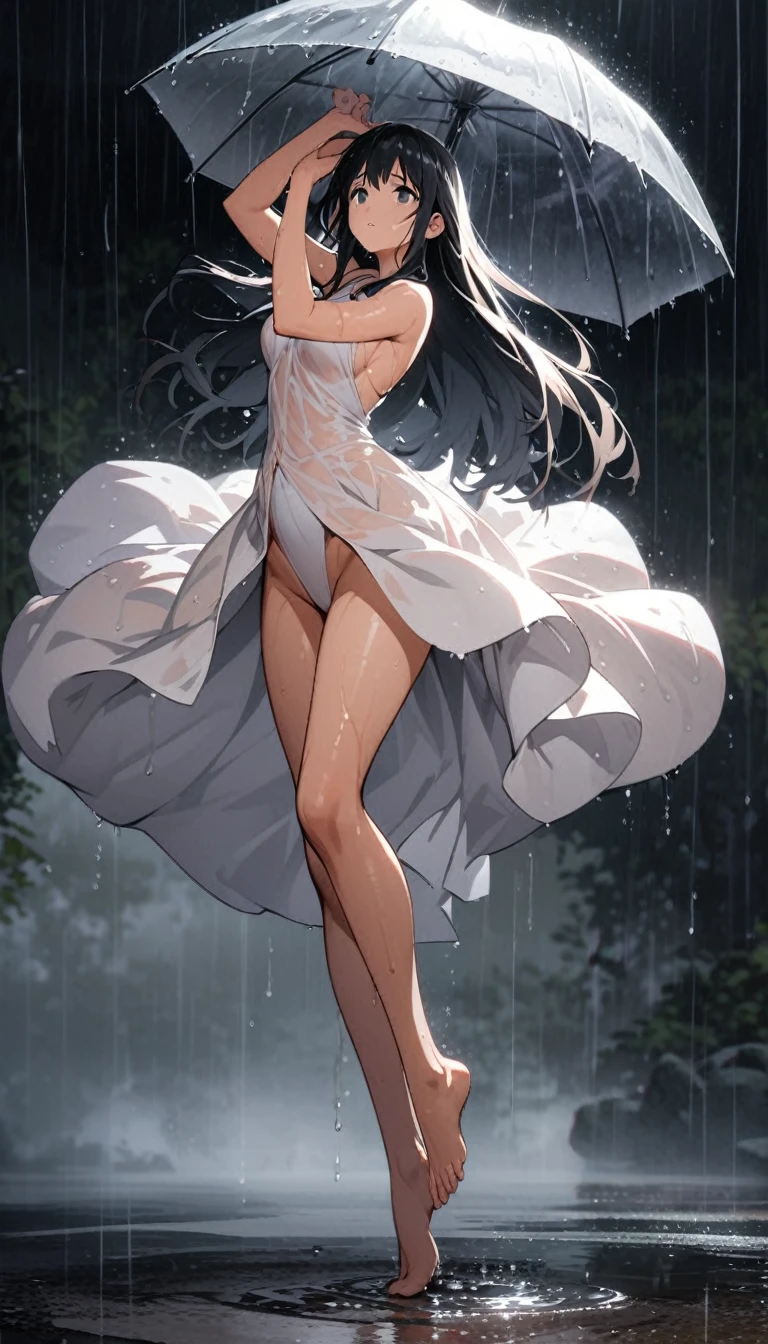 Long-haired girl dancing swan dance in the rain,Wet,Barefoot,High Leg Raise,Full body portrait,High Saturation,CG Art, Makoto Shinkai's photo, pure, Concept Art, Lofi Art style,Shinkai Makoto animation art style, Lofi Art, Beautiful anime scene, Anime Landscape, Detailed scenery, Makoto Shinkai's style, Makoto Shinkai's style, Enhance Details