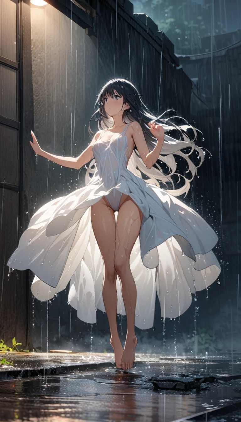 Long-haired girl dancing swan dance in the rain，Wet，Barefoot，High Leg Raise，Full body portrait，High Saturation，CG Art， Makoto Shinkai&#39;s photo, pure, Concept Art, Lofi Art style，Shinkai Makoto animation art style, Lofi Art, Beautiful anime scene, Anime Landscape, Detailed scenery, Makoto Shinkai&#39;s style, Makoto Shinkai&#39;s style, Enhance Details