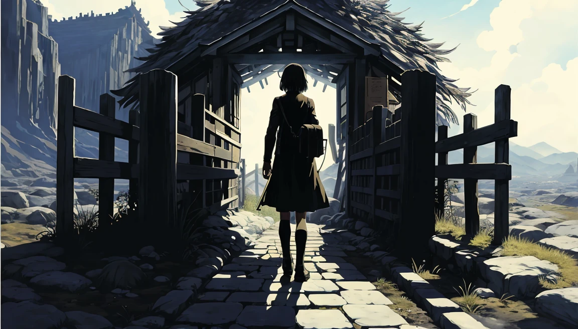 alone,Temporarily stop, whole body, 、Holding a handgun、Dim mountain road、Anime illustration