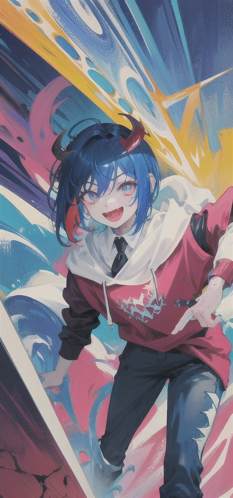 Close-up of color painting of a devil with a big mouth, Psychedelic Laughing Devil, Scary color art in 4K, Colorful and sinister background, Blue Hair、Short bob hairstyle、He's also wearing a black t-shirt、Black on the neckチョーカー、penguin、penguin、Psychedelic space horror, Hypercolor Digital Art, Vibrant colors、Attention to detail, Colorful explosions, Colorful horror art, Colorful Film Art, Colorful illustration, Vivid neon ink painting, Incredibly detailed color art