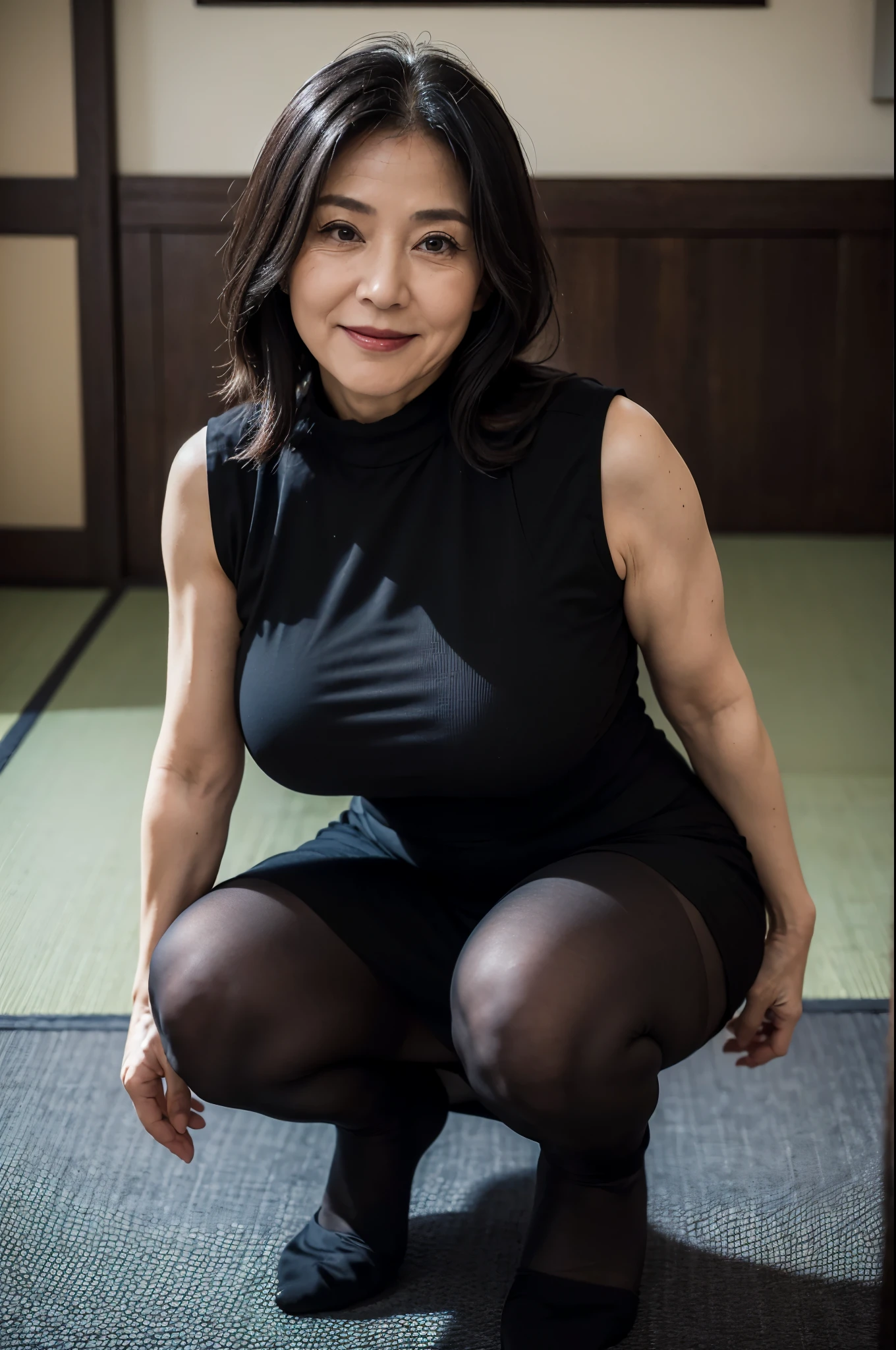 (masterpiece:1.4),(60-year-old woman:1.5),(facial wrinkles 1.2),A kind smile, (mid-length hair : 1.1), (sleeveless black mourning dress), (black nylon tights : 1.2), Motherhood Mature Woman, plump arms, plump thighs, (focus on thighs : 1), squatting on tatami, traditional japanese room,