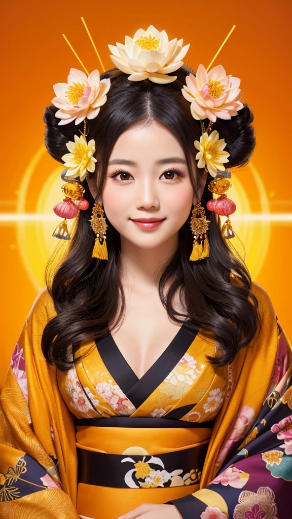 Goddess of fertility, tide on cheeks, late 30s, overweight, mysterious twelve-layered kimono, highly decorated kimono and mysterious hair ornament, gentle smile, sparkling eyes, orange and yellow background, fantastic background of moon and lotus flowers, Japanese