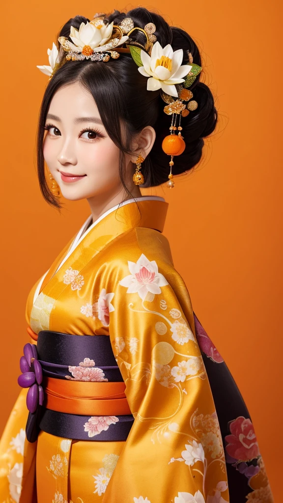 Goddess of fertility, tide on cheeks, late 30s, overweight, mysterious twelve-layered kimono, highly decorated kimono and mysterious hair ornament, gentle smile, sparkling eyes, orange and yellow background, fantastic background of moon and lotus flowers, Japanese  