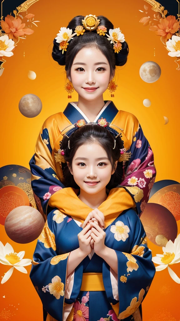 Goddess of fertility, tide on cheeks, late 30s, overweight, mysterious twelve-layered kimono, highly decorated kimono and mysterious hair ornament, gentle smile, sparkling eyes, orange and yellow background, fantastic background of moon and lotus flowers, Japanese